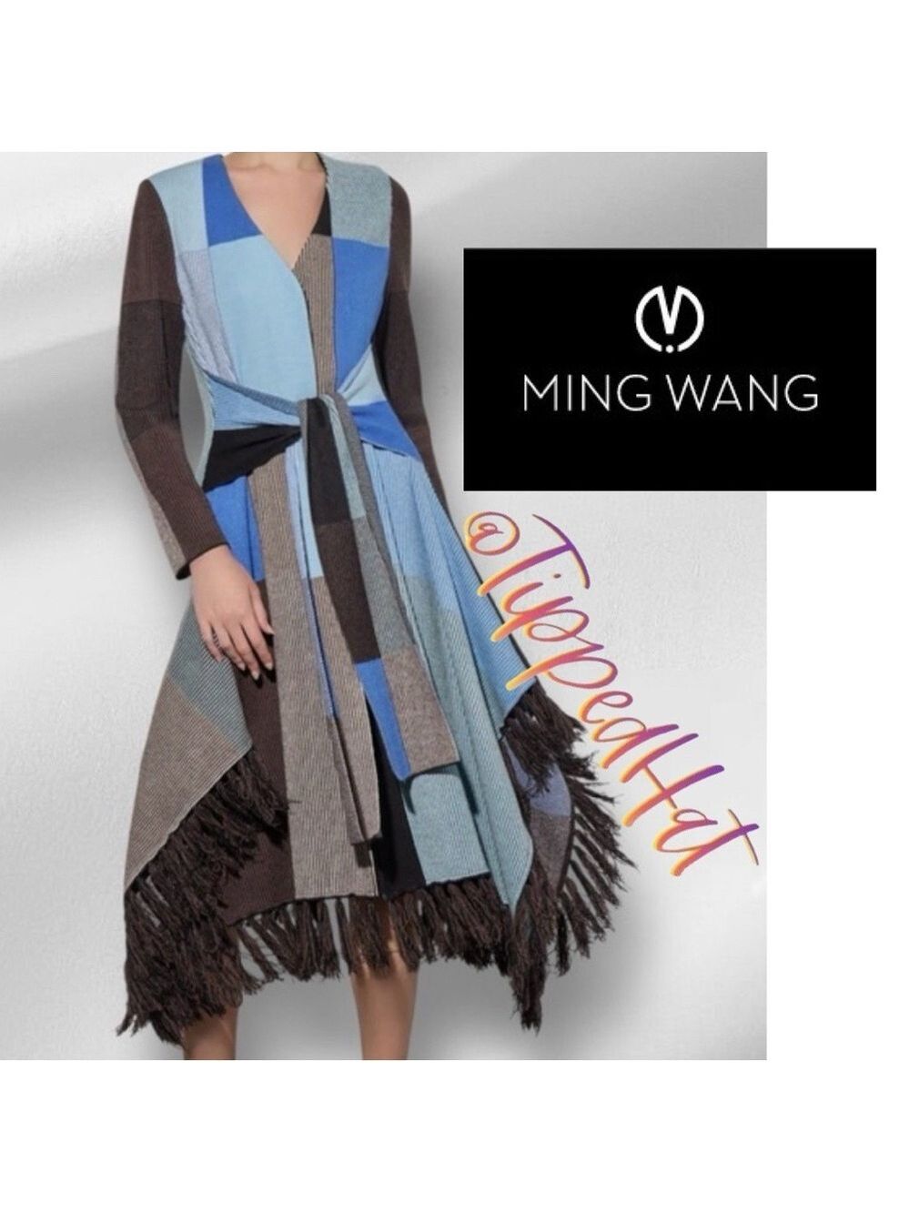 NWT $350 Ming Wang – Jacquard Fringe Tie-Waist Long Sleeve Midi Dress/Jacket